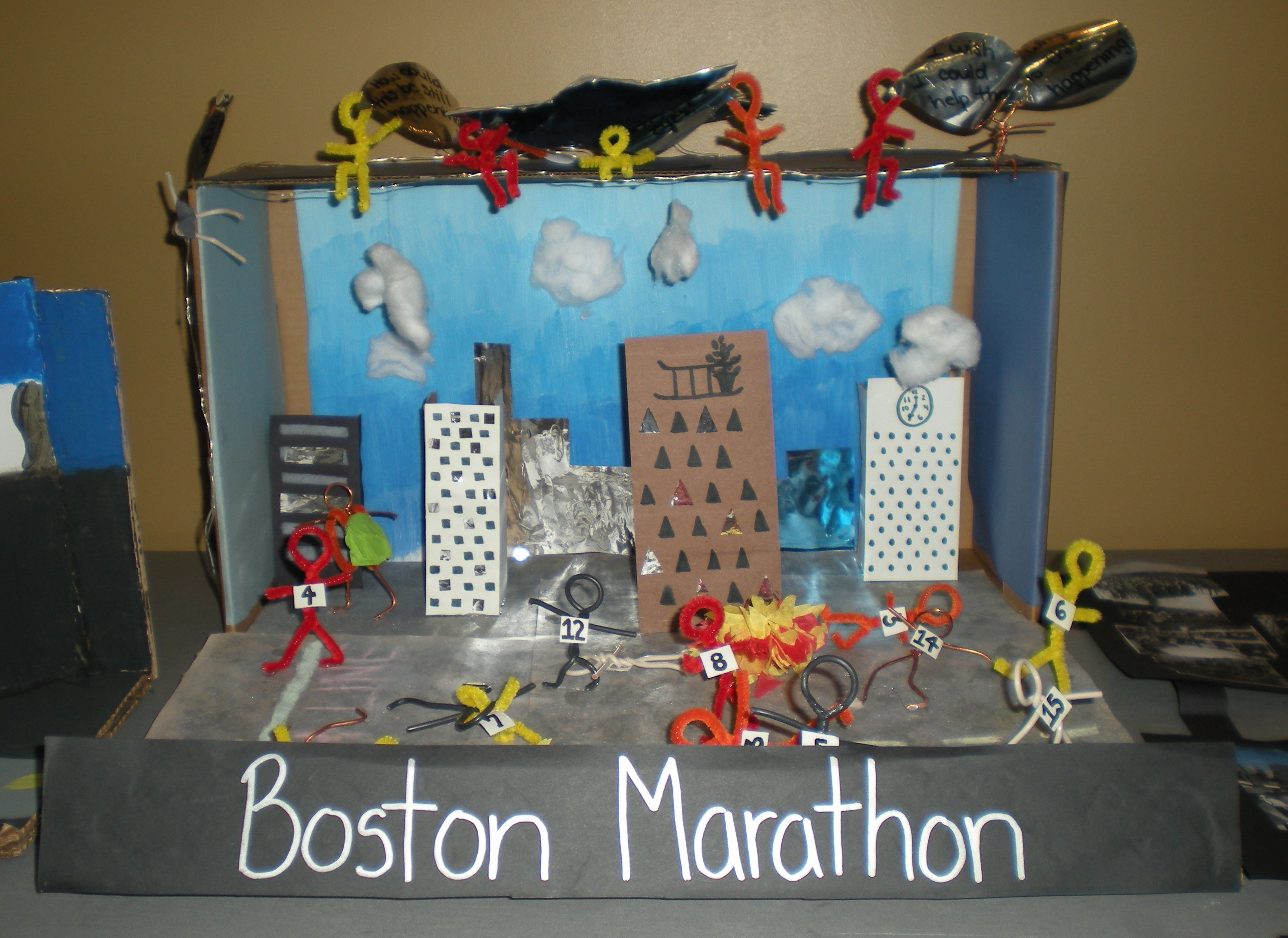 A student diorama memorializing the Boston Marathon. 