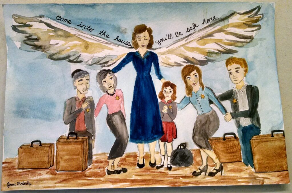 Details of a painting depicting a family holding suitcases huddling underneath an angels wings. 